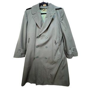 Vintage Mens Military Gabardine Overcoat Trenchcoat Size 40R Green Army Pockets